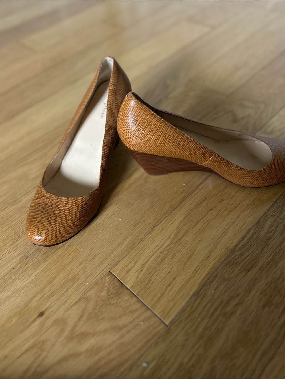 Cole Haan Cognac Textured Leather Wedge Pumps